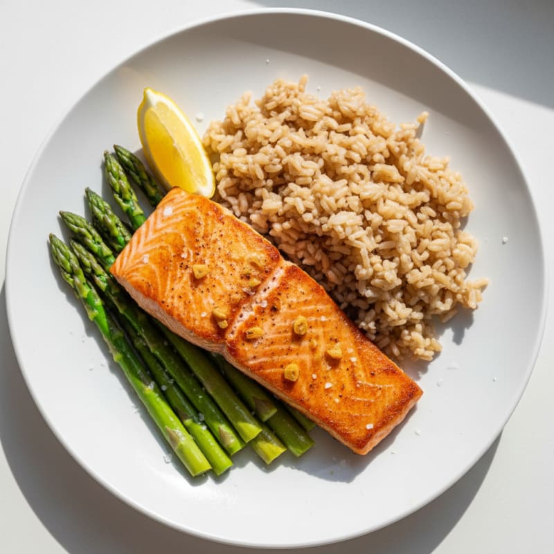 Seared Salmon with Steamed Asparagus and Brown Rice
