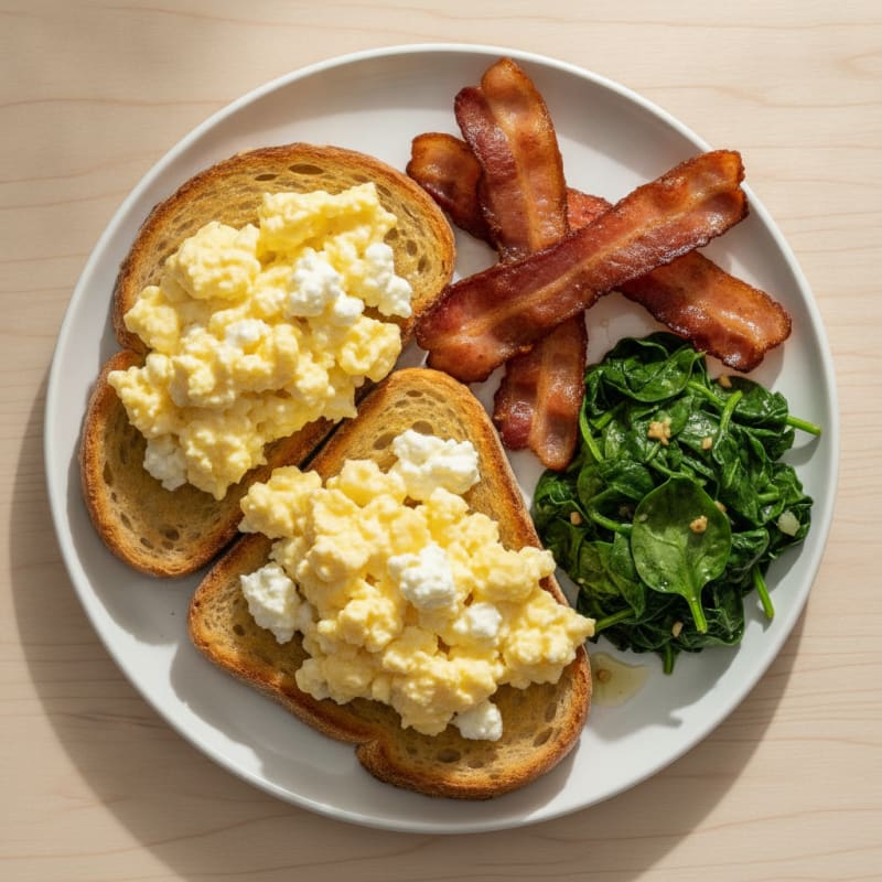 Egg and Turkey Bacon Sourdough Toast with Sautéed Spinach