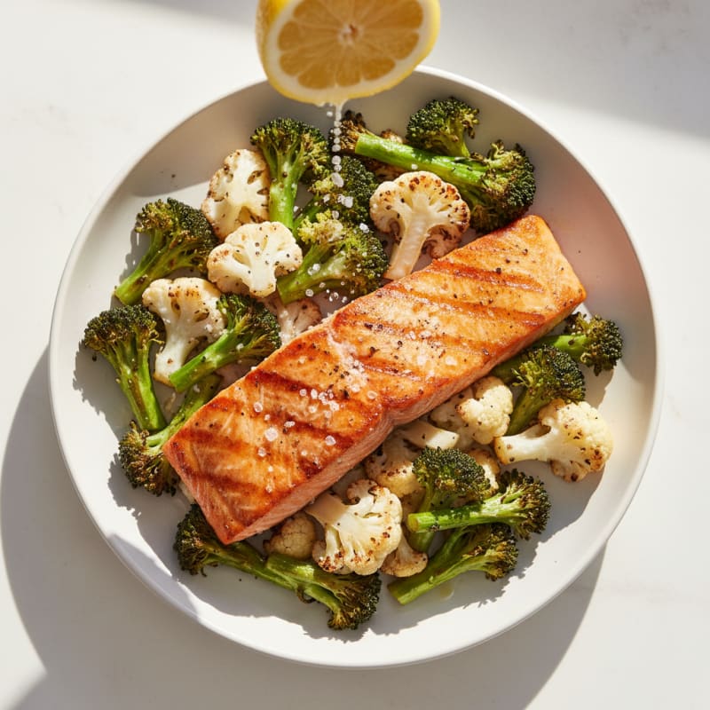 Seared Salmon with Roasted Broccoli and Cauliflower