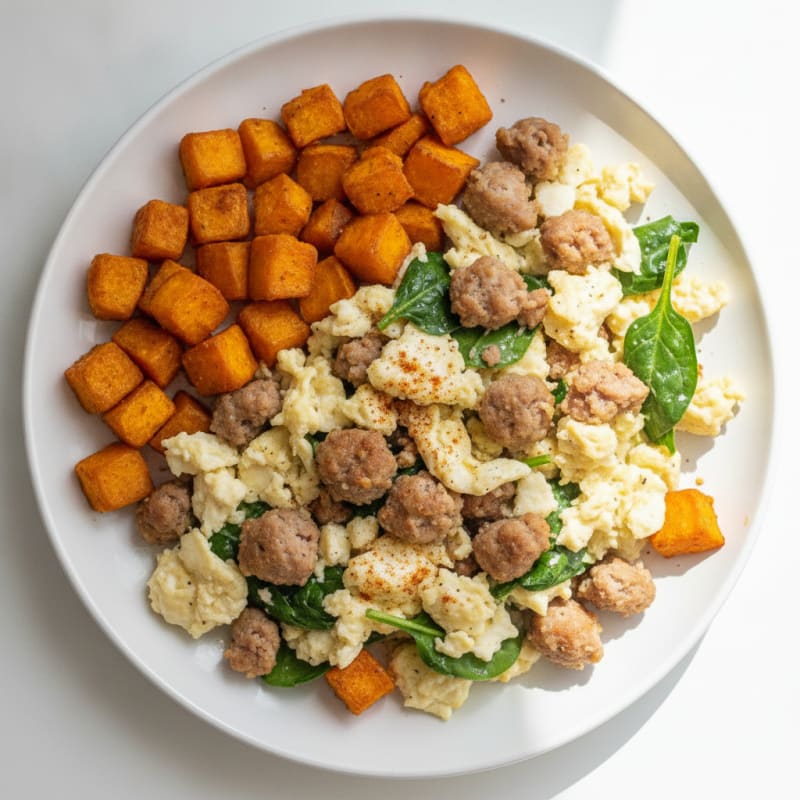Egg White and Turkey Sausage Scramble with Roasted Sweet Potatoes