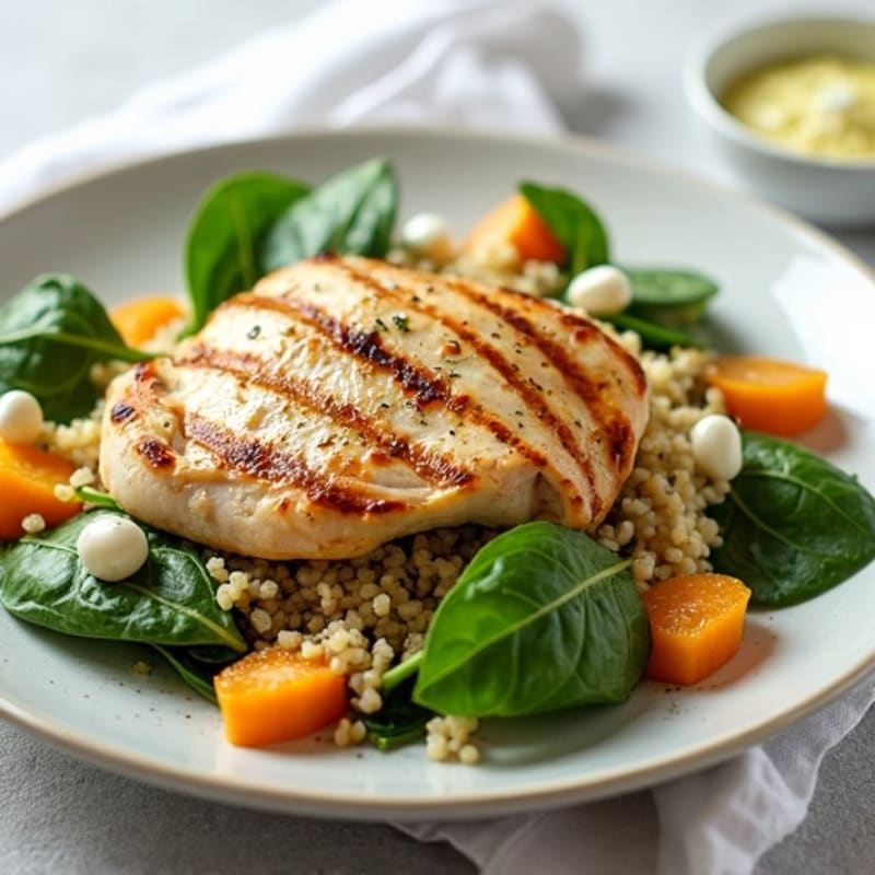 Grilled Chicken Couscous Salad with Spinach and Roasted Yam