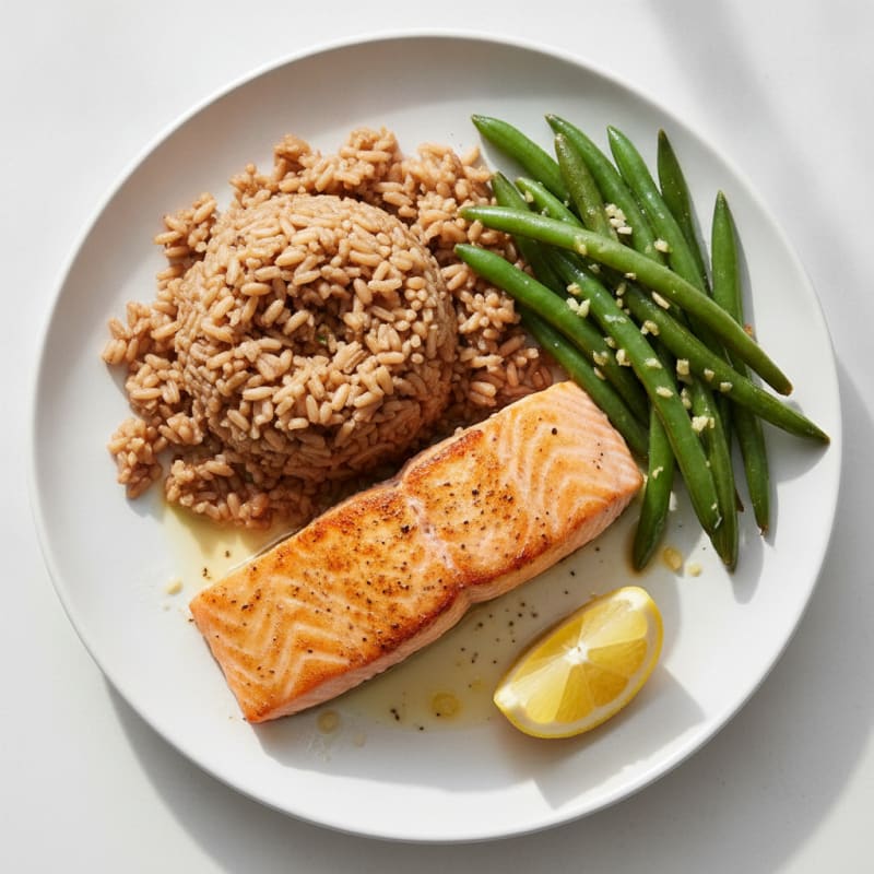 Seared Salmon with Garlic Green Beans and Brown Rice