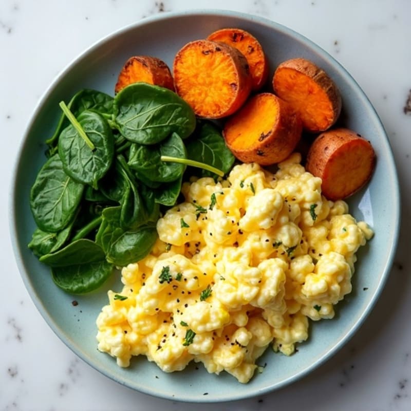 Egg White and Spinach Scramble with Roasted Sweet Potatoes