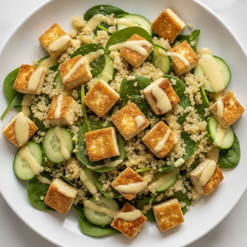 Crispy Tofu and Quinoa Power Salad with Lemon-Tahini Dressing