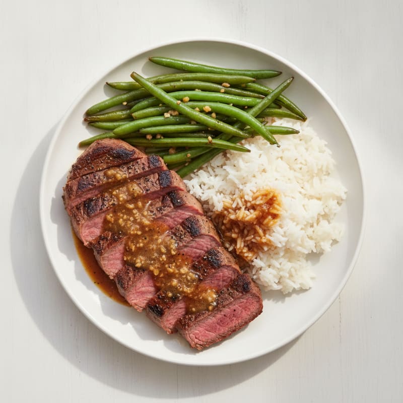 Pan-Seared Steak with Garlic Green Beans and Jasmine Rice