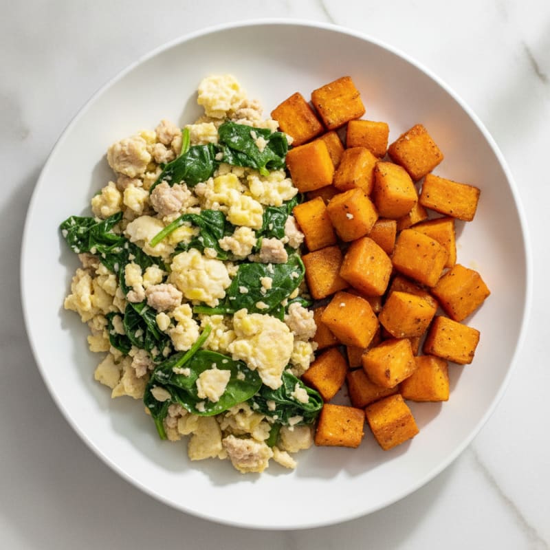 Egg White and Turkey Spinach Scramble with Roasted Sweet Potatoes