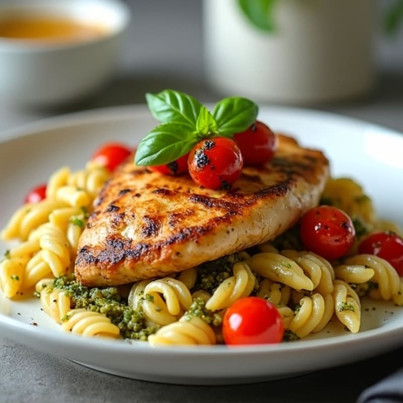 Pan-Seared Chicken with Fresh Pesto Whole Wheat Pasta and Blistered Tomatoes