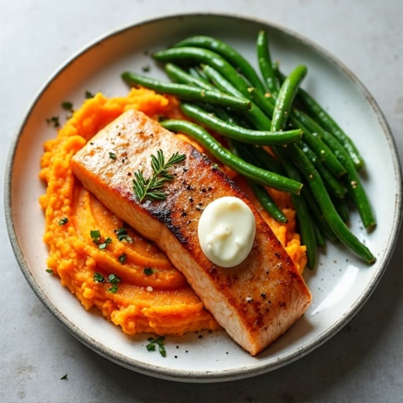 Seared Salmon with Garlic Green Beans and Sweet Potato Mash