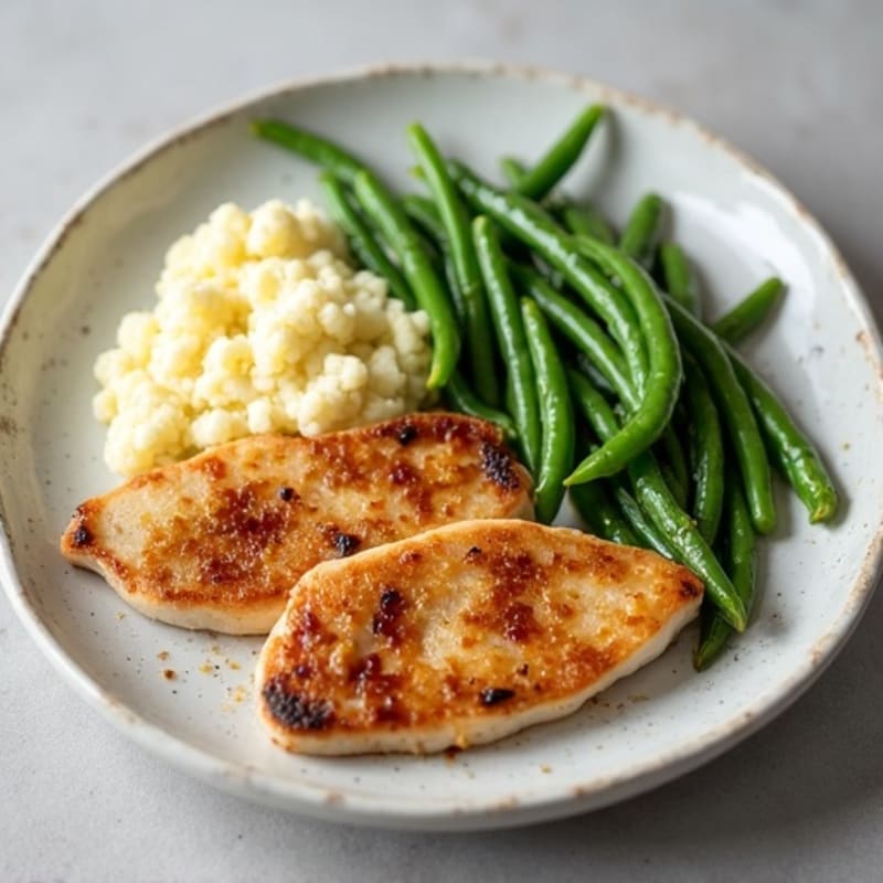 Seared Turkey Cutlets with Steamed Green Beans and Garlic Mashed Cauliflower