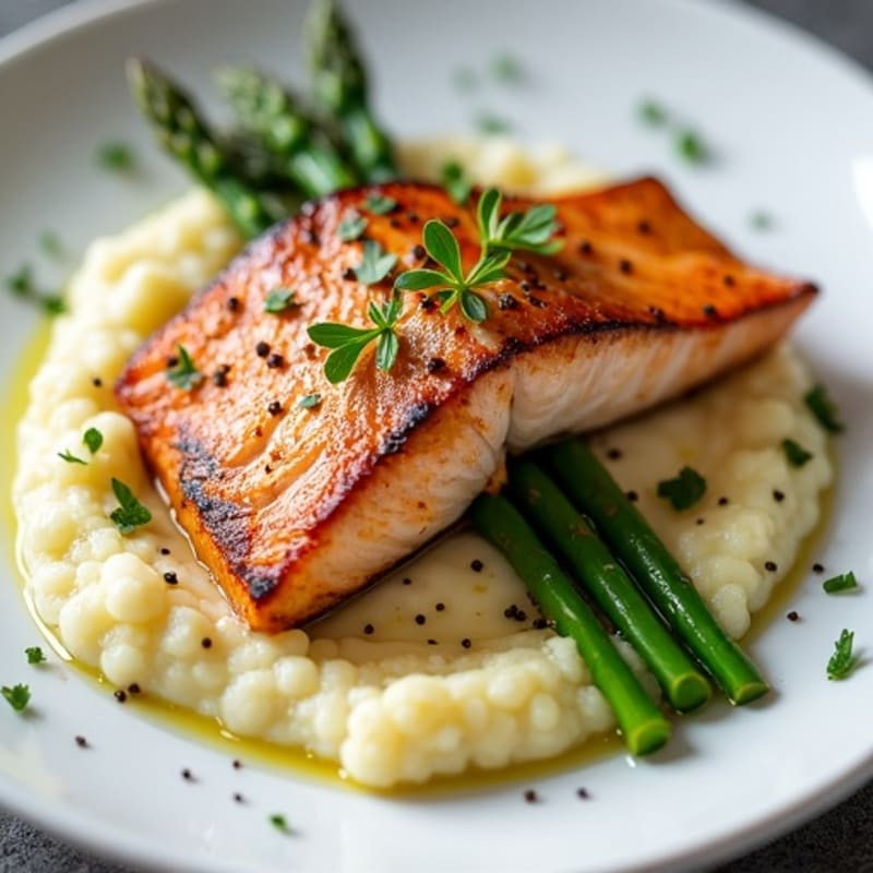 Seared Salmon with Steamed Asparagus and Cauliflower Mash
