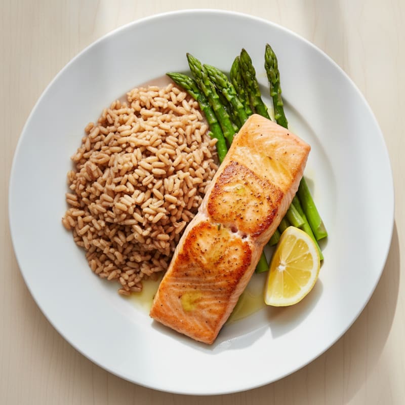 Seared Salmon Fillet with Steamed Asparagus and Brown Rice