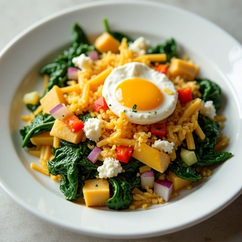 Egg White Veggie Scramble with Cottage Cheese and Sautéed Spinach