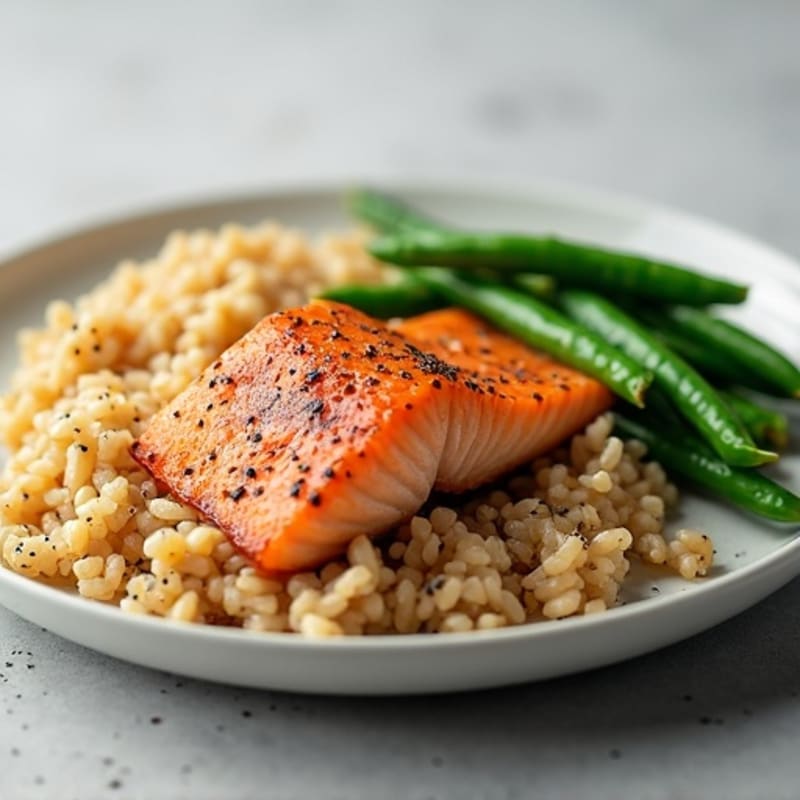 Seared Salmon with Steamed Green Beans and Brown Rice