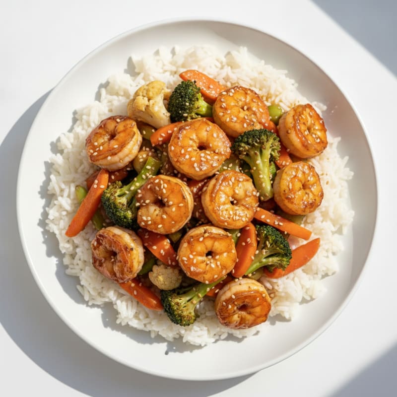 Shrimp and California Blend Veggie Stir Fry with Jasmine Rice