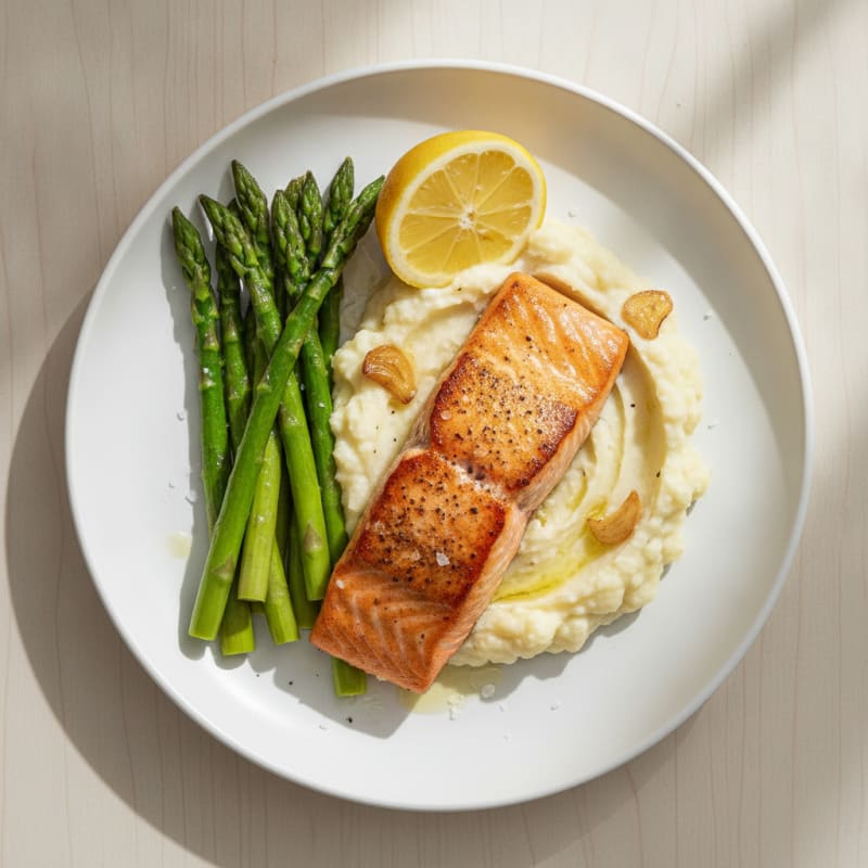 Seared Salmon with Steamed Asparagus and Garlic Mashed Cauliflower