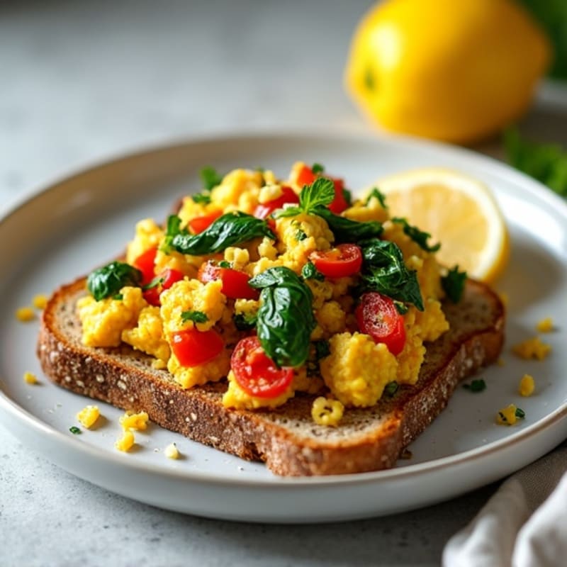 Silky Tofu Scramble with Spinach and Red Peppers on Sprouted Grain Toast