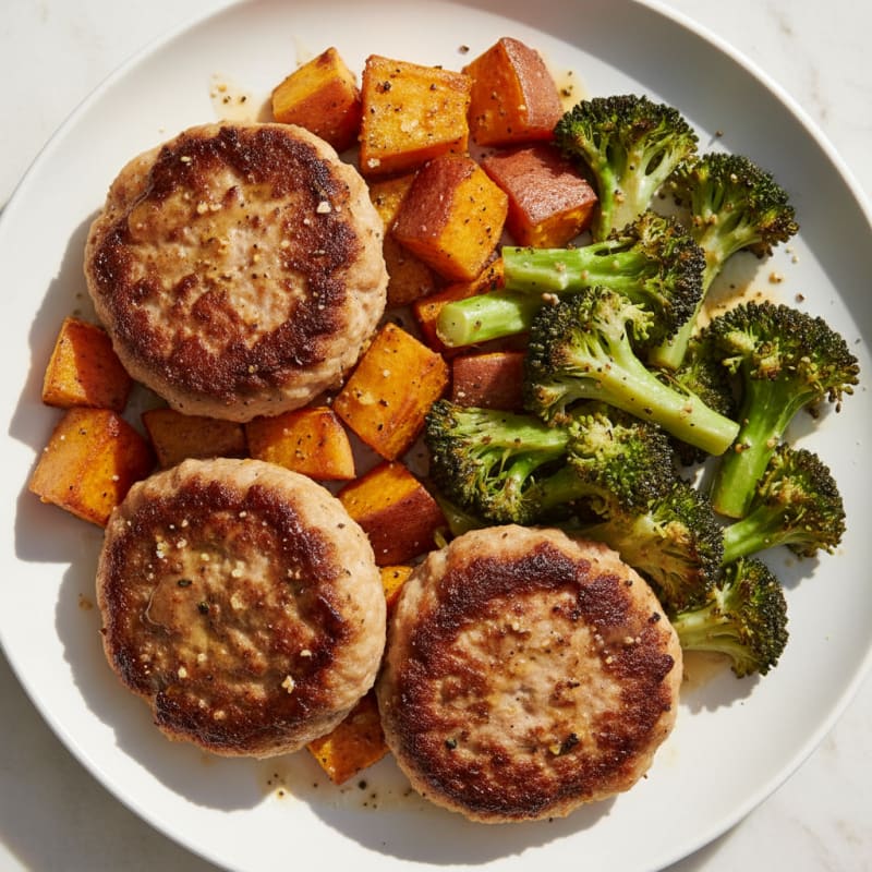 Seared Turkey Patties with Roasted Broccoli and Sweet Potato