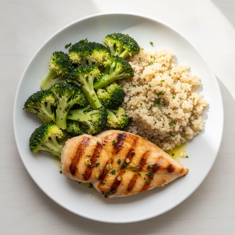 Grilled Chicken Breast with Steamed Broccoli and Quinoa