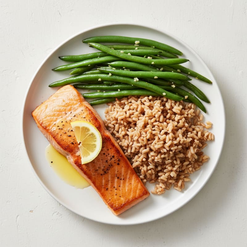 Seared Salmon with Garlic Green Beans and Brown Rice