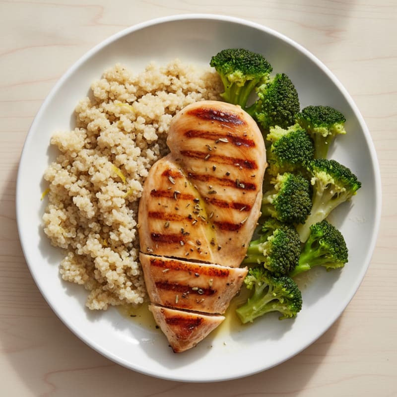 Grilled Chicken Breast with Steamed Broccoli and Quinoa