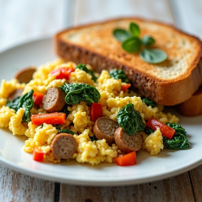 Egg White and Turkey Sausage Scramble with Spinach and Bell Peppers