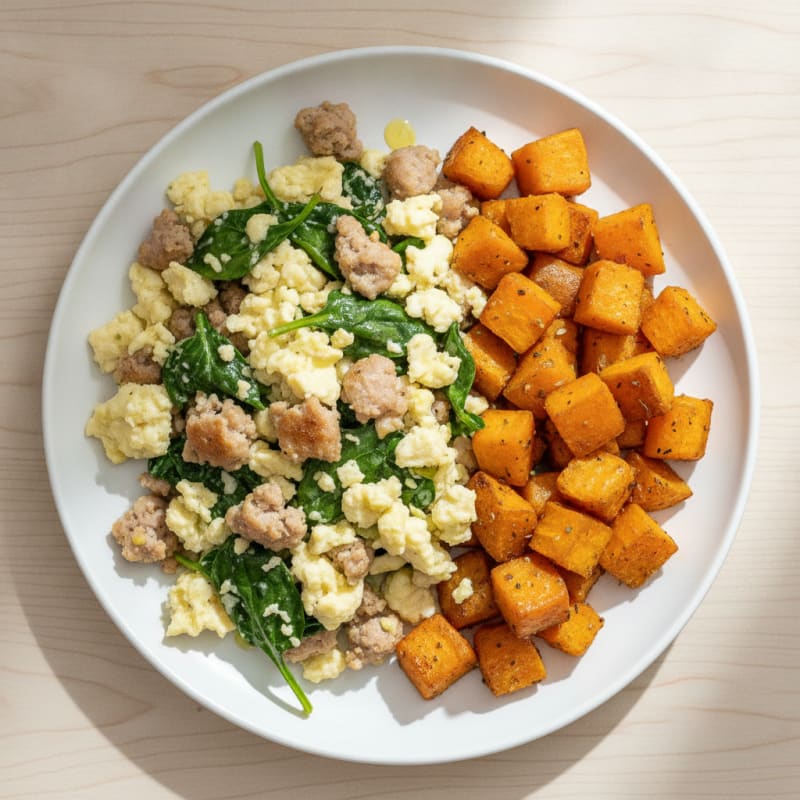 Egg White and Spinach Scramble with Turkey Sausage and Roasted Sweet Potatoes