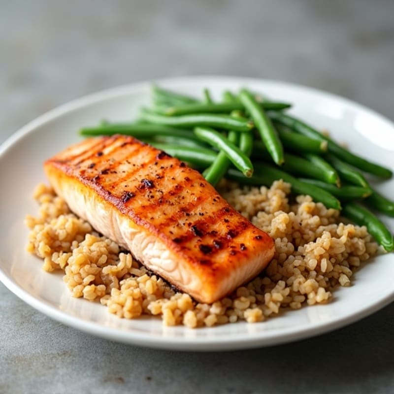Seared Salmon Fillet with Steamed Green Beans and Brown Rice