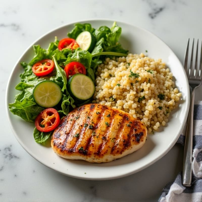 Grilled Lemon Herb Chicken with Fresh Greens and Crispy Vegetables