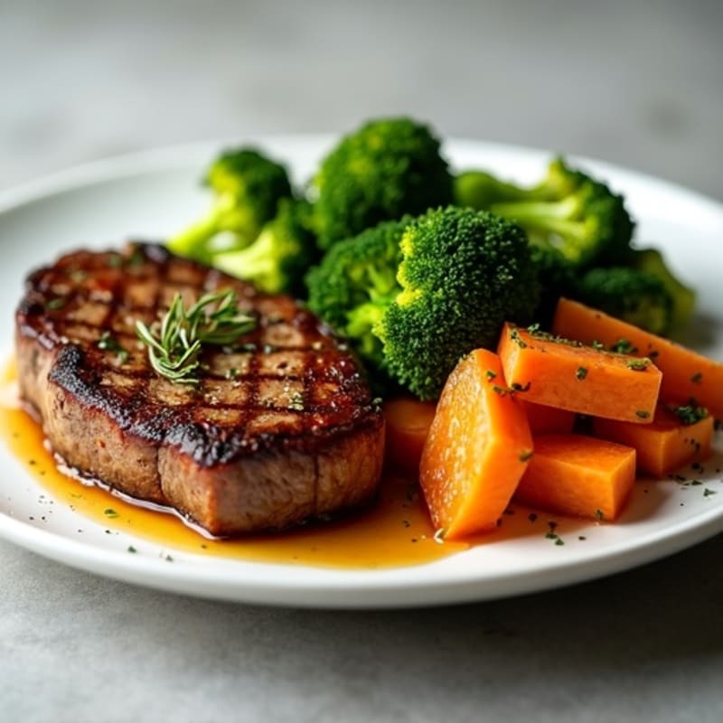 Seared Steak with Herb-Roasted Sweet Potato and Steamed Broccoli
