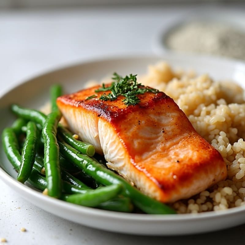Seared Salmon Fillet with Garlic Green Beans and Brown Rice