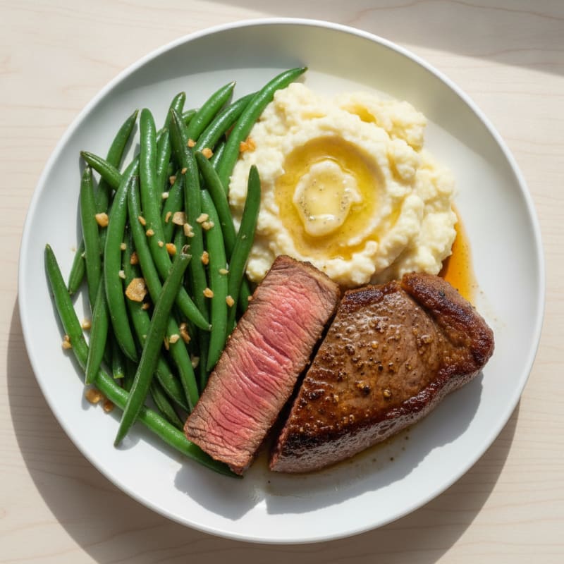 Seared Sirloin Steak with Garlic Green Beans and Mashed Cauliflower