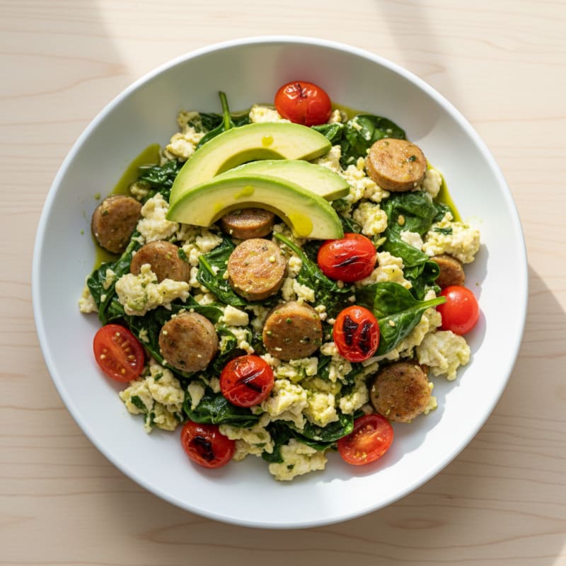 Egg White and Turkey Sausage Scramble with Spinach and Cherry Tomatoes
