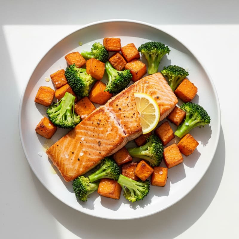 Seared Salmon with Roasted Sweet Potato and Steamed Broccoli