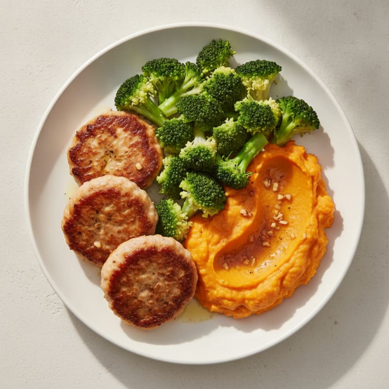Seared Turkey Patties with Steamed Broccoli and Sweet Potato Mash