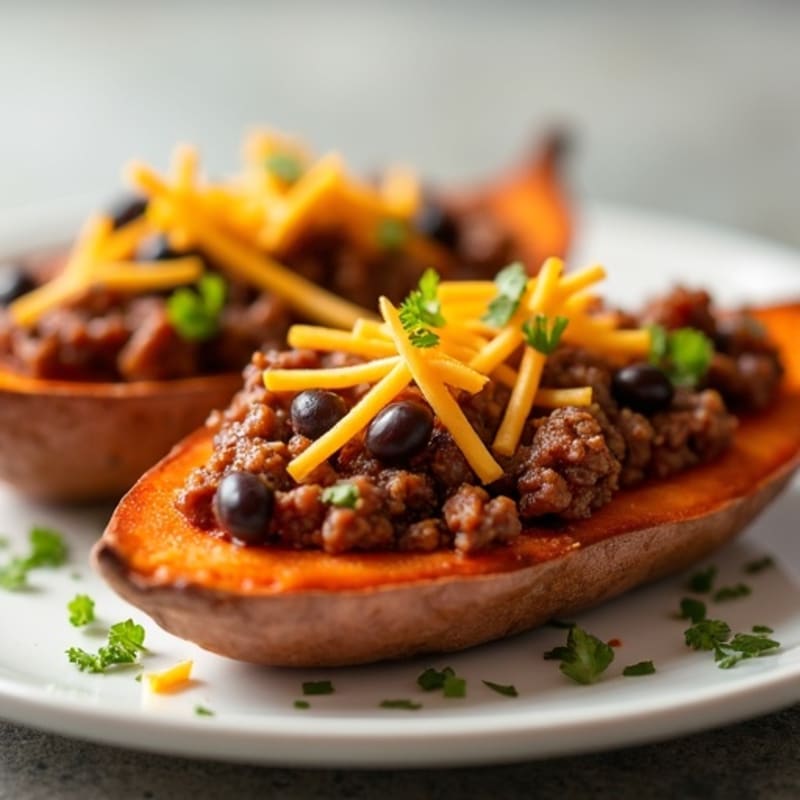 Crispy Sweet Potato Skins with Lean Beef Chili and Sharp Cheddar