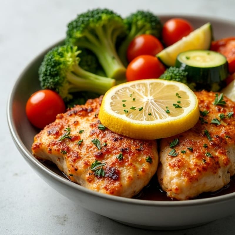 Crispy Lemon Herb Chicken and Roasted Vegetable Bowl