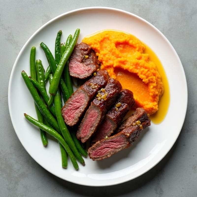 Seared Lean Beef Strips with Steamed Green Beans and Sweet Potato Mash