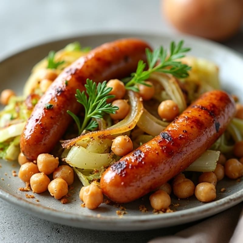 Crispy Smoked Sausage with Tender Roasted Cabbage and Onions