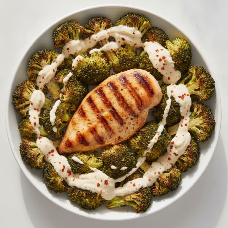 Grilled Chicken Breast with Roasted Broccoli and Lemon Yogurt Sauce