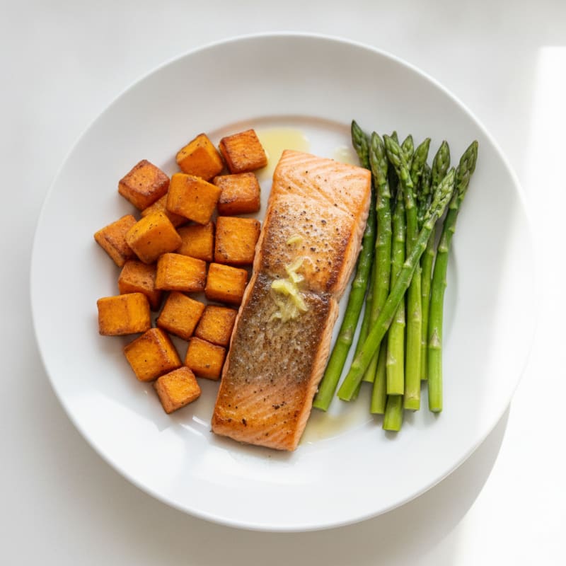 Seared Salmon with Roasted Sweet Potato and Asparagus