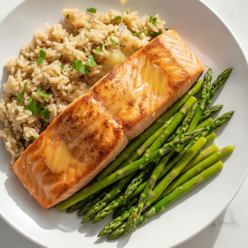 Seared Salmon Fillet with Steamed Asparagus and Herbed Brown Rice