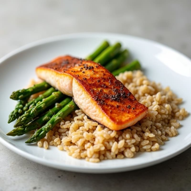 Seared Salmon with Steamed Asparagus and Brown Rice