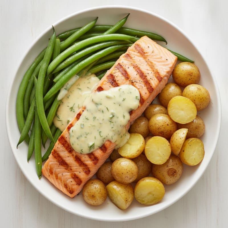 Grilled Salmon with Creamy Lemon Dill Sauce and Steamed Green Beans