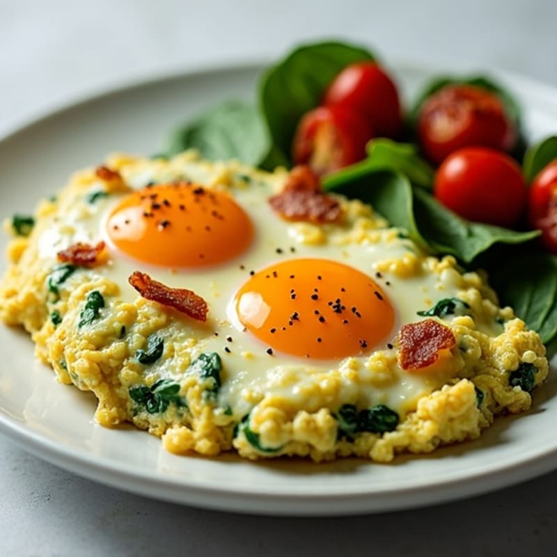 Fluffy Egg and Spinach Scramble with Crispy Turkey Bacon