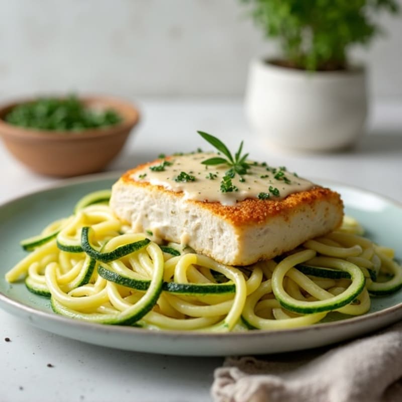 Creamy Cauliflower Alfredo Chicken with Zucchini Noodles