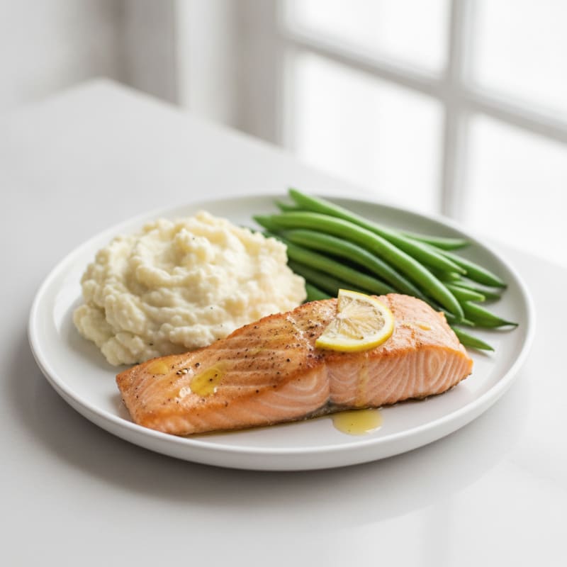 Seared Salmon with Steamed Green Beans and Cauliflower Mash