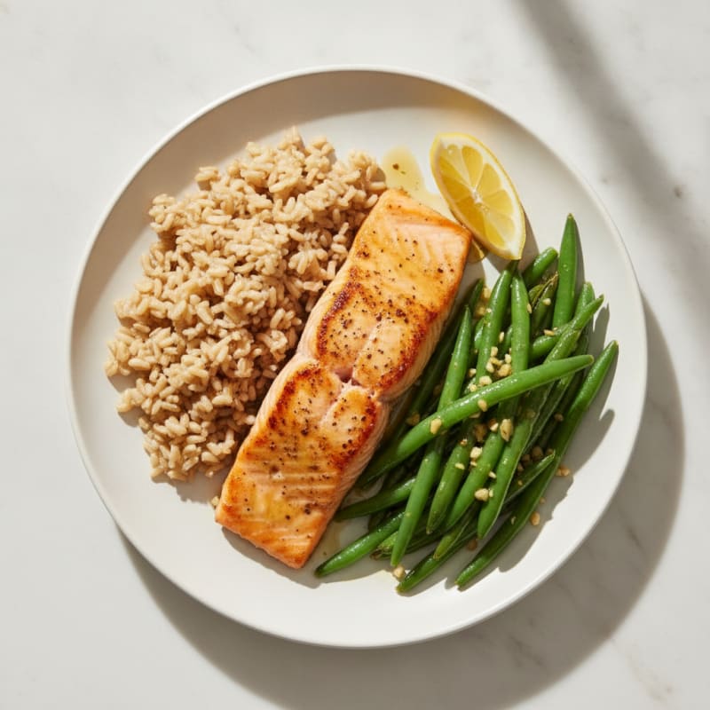 Seared Salmon with Garlic Green Beans and Brown Rice