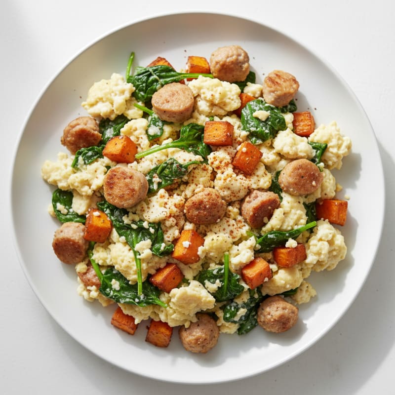 Egg White and Turkey Sausage Scramble with Spinach and Sweet Potato