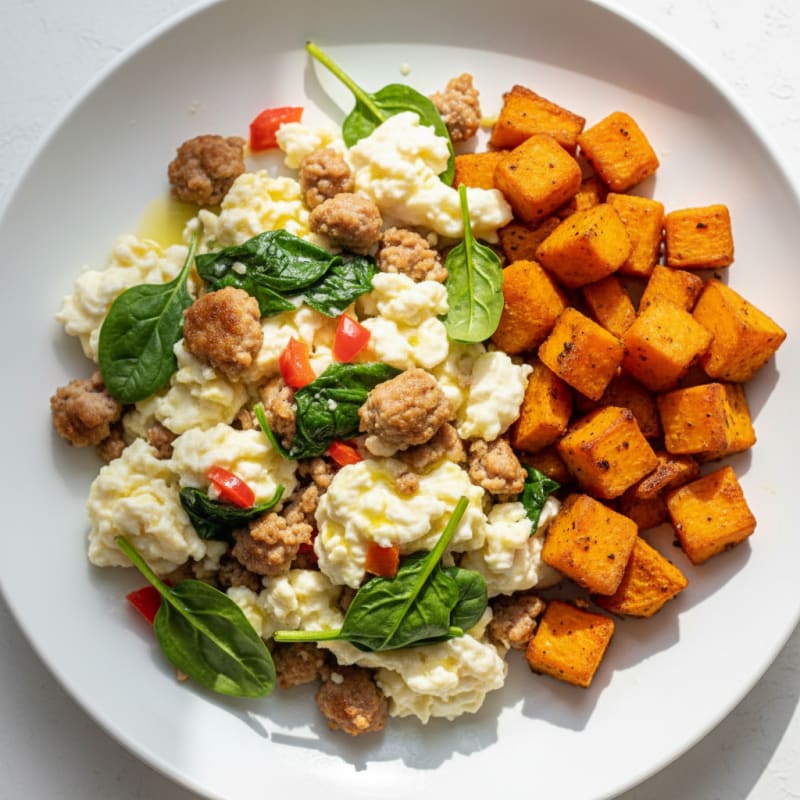 Egg White Scramble with Turkey Sausage and Roasted Sweet Potato