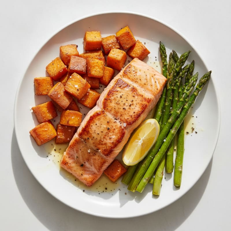 Seared Salmon Filet with Roasted Sweet Potato and Asparagus